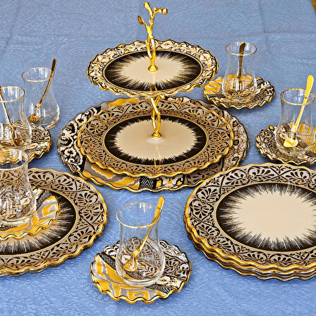 Glore Vintage Altın Yaldızlı Cam 22 Parça Çay İkram Takımı Full Set