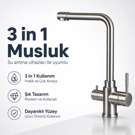 3 in 1 Su Arıtma Musluğu Çok Amaçlı Paslanmaz Model 608506069