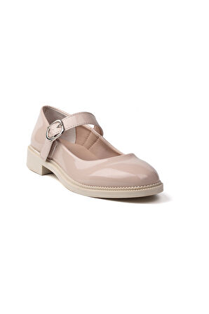 Kadın Bej Anne Ayakkabısı Tokalı Rugan Kaydırmaz Termo Taban Kısa Topuklu Rahat Günlük