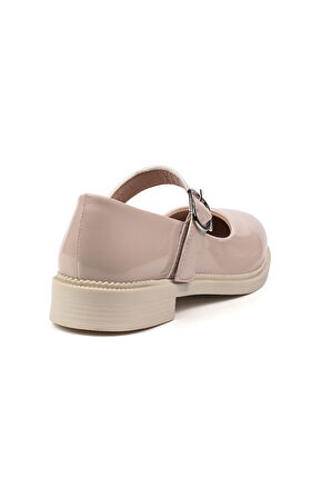 Kadın Bej Anne Ayakkabısı Tokalı Rugan Kaydırmaz Termo Taban Kısa Topuklu Rahat Günlük