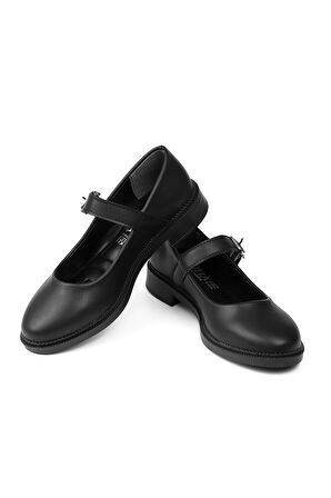 Kadın Siyah Anne Ayakkabısı Tokalı Cilt Kaydırmaz Termo Taban Kısa Topuklu Rahat Günlük