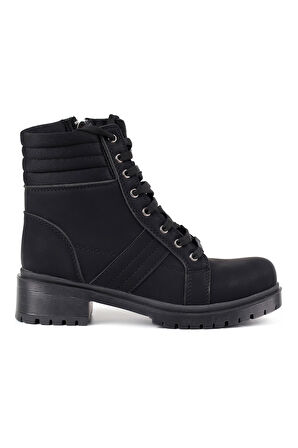 Kadın Siyah Nubuk Bağcıklı, Fermuarlı Postal Bot – Kalın Tabanlı Günlük Kışlık Bot