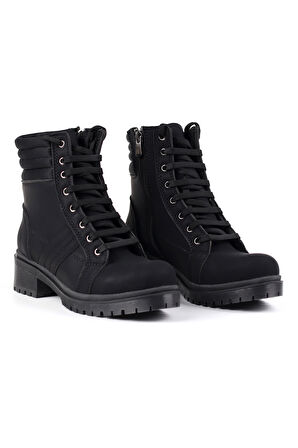 Kadın Siyah Nubuk Bağcıklı, Fermuarlı Postal Bot – Kalın Tabanlı Günlük Kışlık Bot