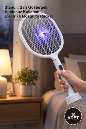 10 Adet USB Şarjlı Uv Işıklı Beyaz Sinek Öldürme Raketi – Standlı, Şarj Göstergeli, Kablosuz Kullanım, Elektrikli Mosquito Racket