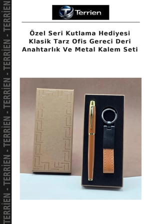 Özel Seri Kutlama Hediyesi Klasik Tarz Ofis Gereci Deri Anahtarlık Ve Metal Kalem Seti