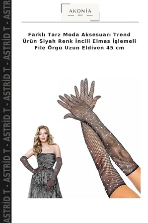 Farklı Tarz Moda Aksesuarı Trend Ürün Siyah Renk İncili Elmas İşlemeli File Örgü Uzun Eldiven 45 cm