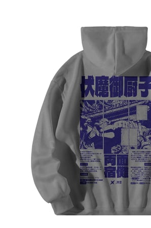 Unisex Antrasit Oversize Hoodie - Jujutsu Kaisen Sukuna Anime Baskılı 3 İplik Streetwear Sweatshirt