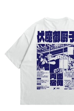 Unisex Beyaz Oversize T-Shirt - Jujutsu Kaisen Sukuna Anime Baskılı Penye Bisiklet Yaka Tişört