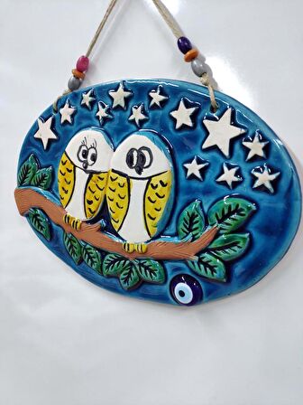 Seramik Aşık Baykuşlar Nazarlık Dekor ve Duvar Süsü 33x23 cm