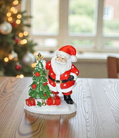 Dekoratif Mini Noel Baba ve Yılbaşı Ağacı Figürlü Biblo Noel Süsü Yılbaşı Masaüstü Dekorasyon