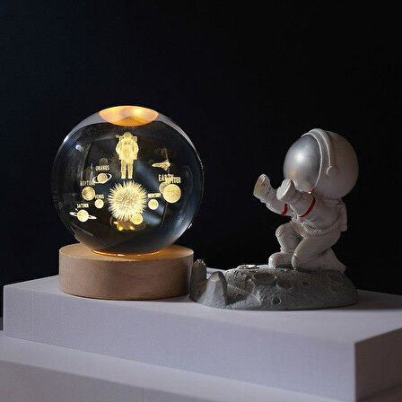 Led Işıklı Kristal Astronot Gezegen Küre 3D Güneş Sistemi Topu Ev Ofis Dekor