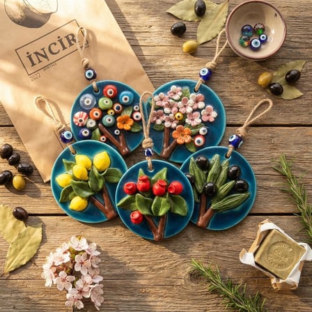 El Yapımı Seramik Zeytin Ağacı Duvar Dekoru Nazar Boncuklu Bereket Zeytin Kabartmalı Yuvarlak Duvar Süsü Askılı Pano