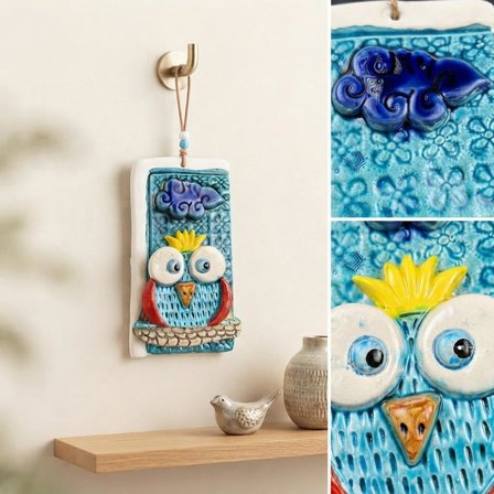 El Yapımı Seramik Baykuş Duvar Dekoru Kabartmalı Duvar Süsü