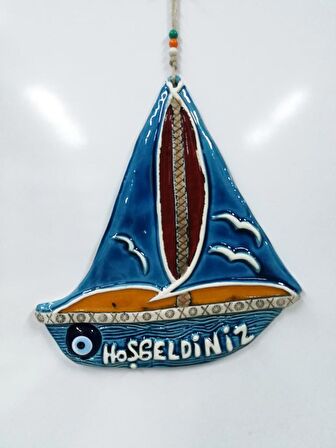 Seramik Yelkenli Hoşgeldiniz Dekoratif El İşi Duvar Süsü Büyük Boy Nazarlık