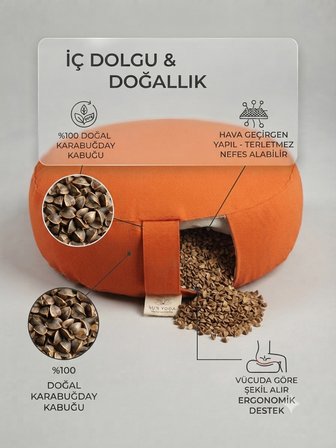 Doğal Karabuğday Kabuğu Dolgulu Meditasyon Minderi Zafu Turuncu 35x12 cm