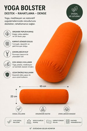 Yoga Bolster Organik Poplin Kumaş Kırpıntı Sünger Dolgulu Meditasyon Yastığı Pilates Destek Minderi 65x22 cm