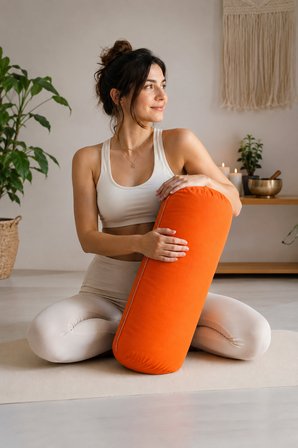 Yoga Bolster Organik Poplin Kumaş Kırpıntı Sünger Dolgulu Meditasyon Yastığı Pilates Destek Minderi 65x22 cm