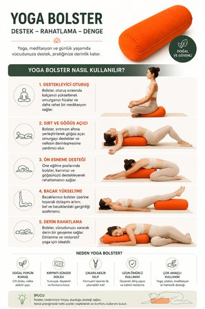Yoga Bolster Organik Poplin Kumaş Kırpıntı Sünger Dolgulu Meditasyon Yastığı Pilates Destek Minderi 65x22 cm