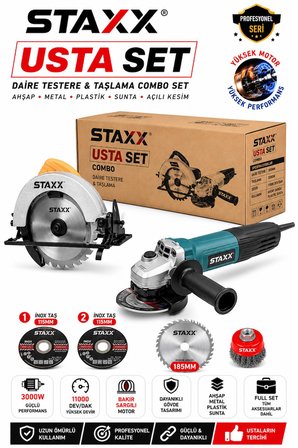 Usta Set 185mm Daire Testere + 115MM Avuç Spiral Taşlama Combo Set Ahşap Metal Plastik Sunta Kesim