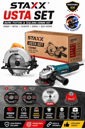 Usta Set 185mm Daire Testere + 115MM Avuç Spiral Taşlama Combo Set Ahşap Metal Plastik Sunta Kesim