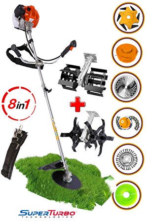 20HPX 8IN1 8 Multi Başlıklı Benzinli Yan Tip Tırpan Ot Biçme Çapalama Makinesi + 2 Super Çapa Seti