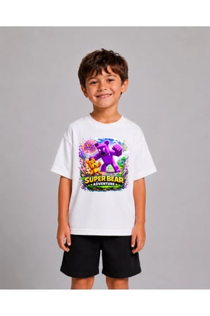 Kız Erkek Çocuk Super Bear Pembe Baskılı %100 Organik Pamuk Tshirt