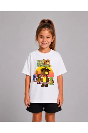 Kız Erkek Çocuk Super Bear Kovboy Baskılı %100 Organik Pamuk Tshirt
