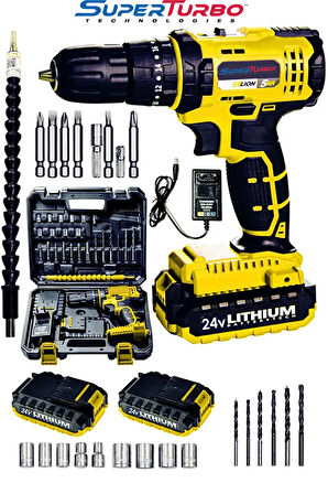 Germany 24V 5AH Çelik Şanzuman Bakır Sargılı Çift Akülü Şarjlı Matkap Vidalama Süper 27 Parça Set
