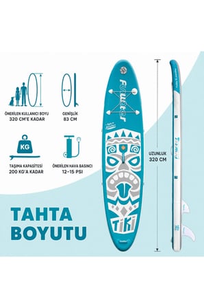 TİKİ MAVİ ŞİŞME SUP BOARD/STAND UP PADDLE BOARD PATİ DOSTU YÜZEY (320x83x15 CM)