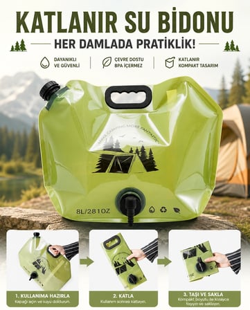 8L Taşınabilir ve Katlanabilir Su Deposu Katlanır Tasarım ile Yer Tasarrufu Sağlayın Kamp Trekking ve Seyahat İçin Su Torbası