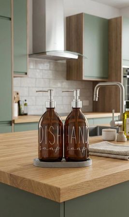 Taş Stantlı Gümüş Başlık 2'li 500 Ml Amber Cam Sıvı Sabun Bulaşık Deterjanı Şişesi Mutfak Sabunluk