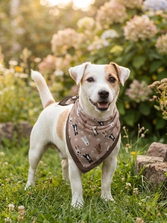 Soft Tonlarda Minimal Köpek Figürlü ve Pati Desenli, Kahverengi Çerçeveli Şık Köpek Bandanası
