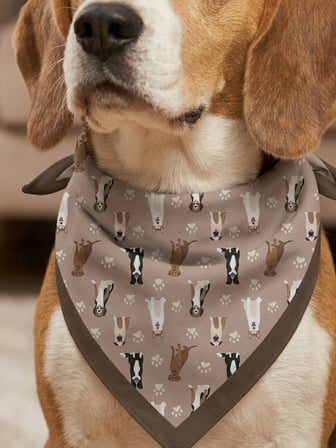 Soft Tonlarda Minimal Köpek Figürlü ve Pati Desenli, Kahverengi Çerçeveli Şık Köpek Bandanası