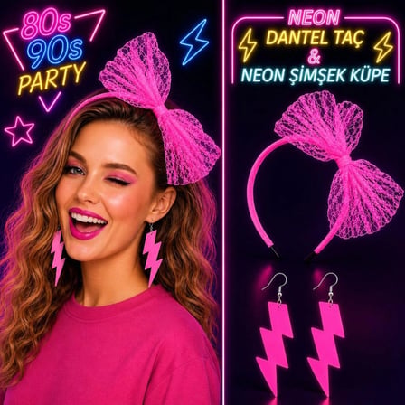 Neon Pembe Dantel Taç ve Şimşek Küpe 80&amp;#39;ler 90&amp;#39;lar Parti Seti