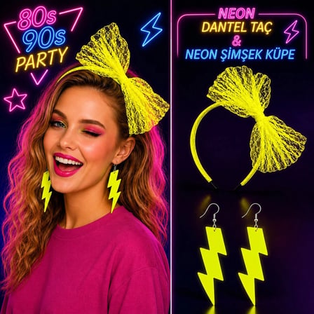 Neon Sarı Dantel Taç ve Şimşek Küpe 80&amp;#39;ler 90&amp;#39;lar Parti Seti