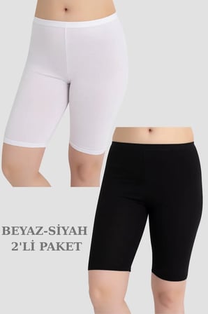 Sade Tarz Esnek Parça Spor Giyim Kadın Pamuklu Diz Üstü Kısa Tayt 2'li Paket Beyaz - Siyah