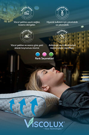 Servikal Boyun Destekli Ortopedik Yastık - Boyun Düzleşmesi Visco Yastık Pembe 56x34x10,5