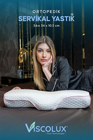 Servikal Boyun Destekli Ortopedik Yastık - Boyun Düzleşmesi Visco Yastık Pembe 56x34x10,5