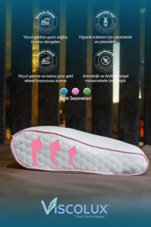 Servikal Boyun Destekli Ortopedik Yastık - Boyun Düzleşmesi Visco Yastık Pembe 56x34x10,5