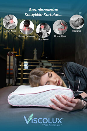 Servikal Boyun Destekli Ortopedik Yastık - Boyun Düzleşmesi Visco Yastık Pembe 56x34x10,5