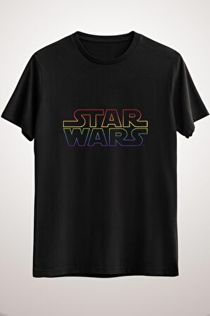 Erkek Siyah Star Wars Rainbow Outline Logo Gradient