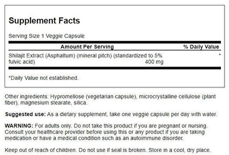 Swanson Shilajit Extract Standardized 400 mg 60 Vegetarian Capsules