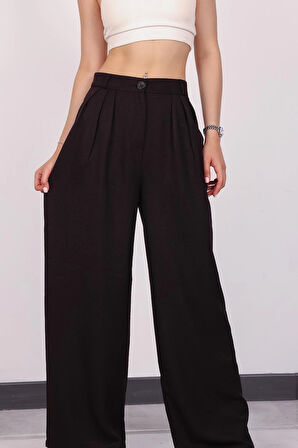 Kadın Siyah Pile Detaylı Palazzo Pantolon
