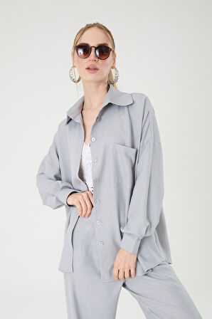 Tek Cepli Oversize Keten Gömlek- Gri