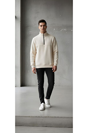 DİK YAKA YARIM FERMUARLI PAMUKLU 3 İPLİK ŞARDONLU SWEATSHİRT