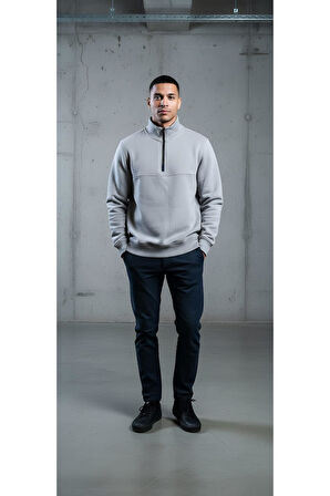 DİK YAKA YARIM FERMUARLI PAMUKLU 3 İPLİK ŞARDONLU SWEATSHİRT