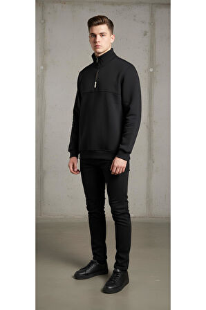 DİK YAKA YARIM FERMUARLI PAMUKLU 3 İPLİK ŞARDONLU SWEATSHİRT
