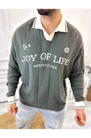 Kazak Oversize Polo Yaka Desenli Triko Yumuşak Dokulu Tüylenmez Salaş Nakış Detaylı Sweatshirt