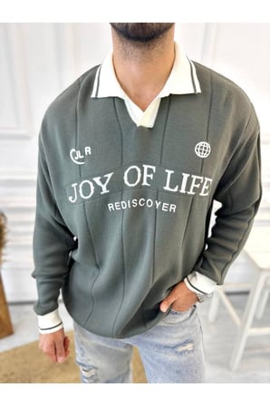 Kazak Oversize Polo Yaka Desenli Triko Yumuşak Dokulu Tüylenmez Salaş Nakış Detaylı Sweatshirt