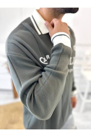Kazak Oversize Polo Yaka Desenli Triko Yumuşak Dokulu Tüylenmez Salaş Nakış Detaylı Sweatshirt